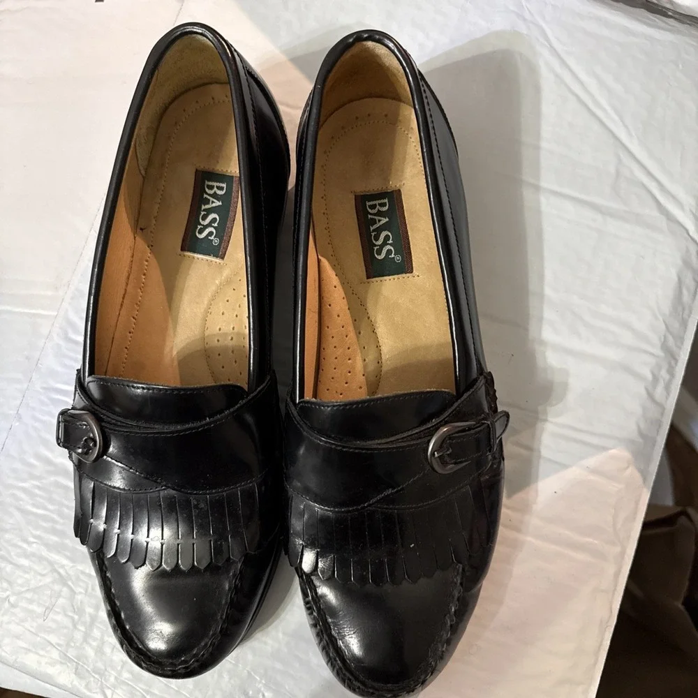 BASS Mens Size 11 Wide Black Leather Monk Strap Fringed Slip On Loafer Shoes